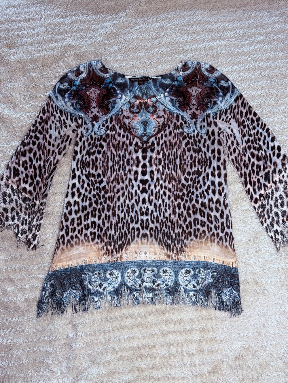 Vintage Leopard & Paisley Print Women's Boho Blouse - Blue, Brown